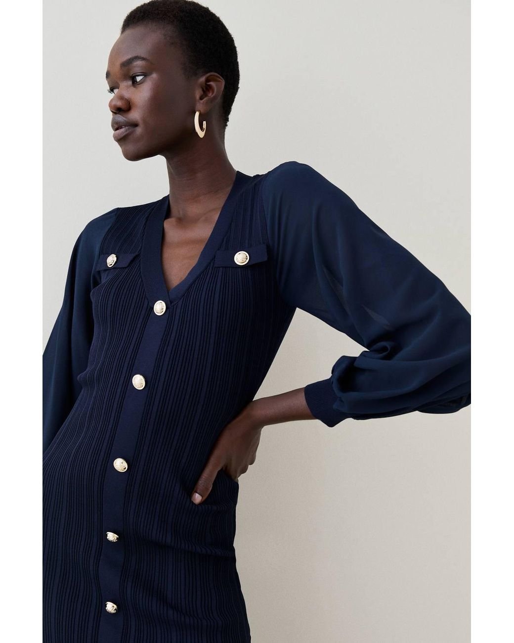 Karen Millen Blue Petite Forever Viscose Blend Rib Knit Chiffon Sleeve Midi Dress