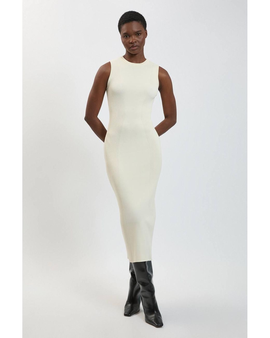 Karen Millen White Rib Knitted Crew Neck Midi Dress