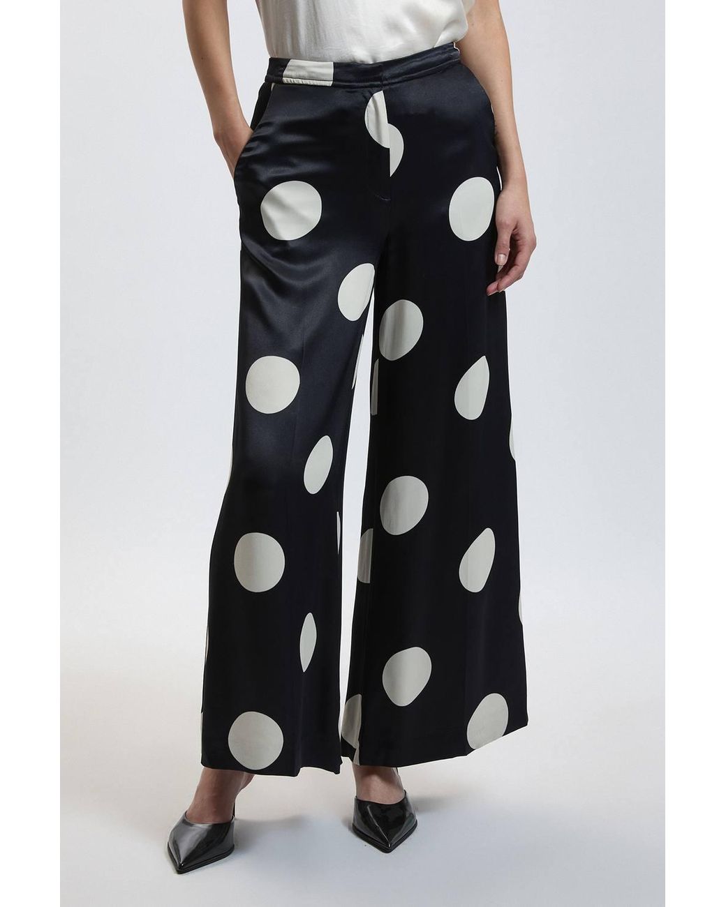 Karen Millen White Petite Tailored Satin Printed Polka Dot Trouser