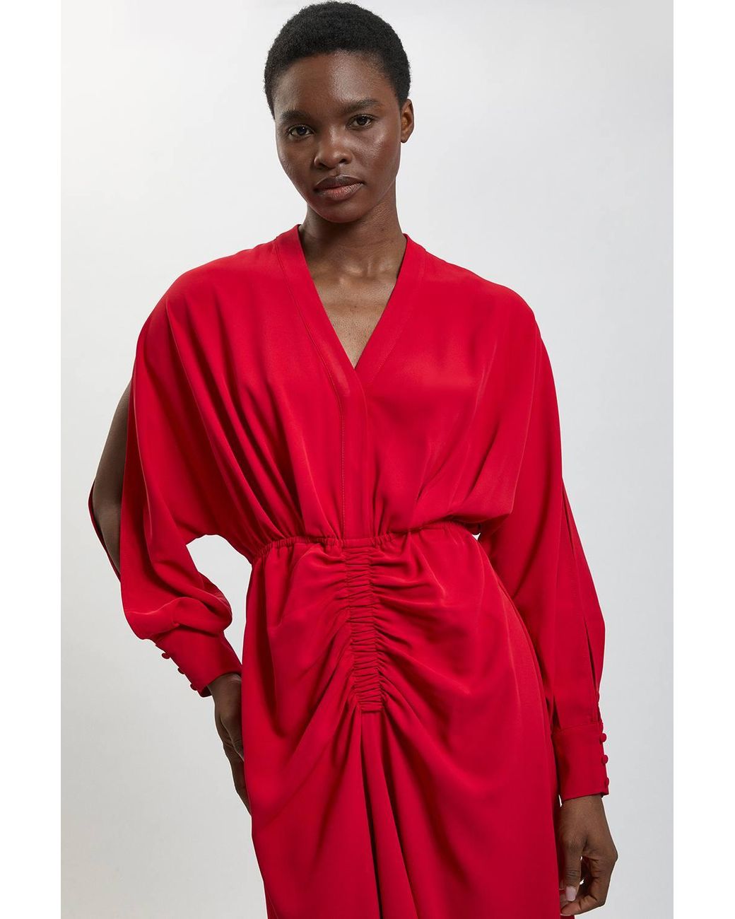 Karen Millen Red Split Sleeve Asymmetric Detail Midi Dress