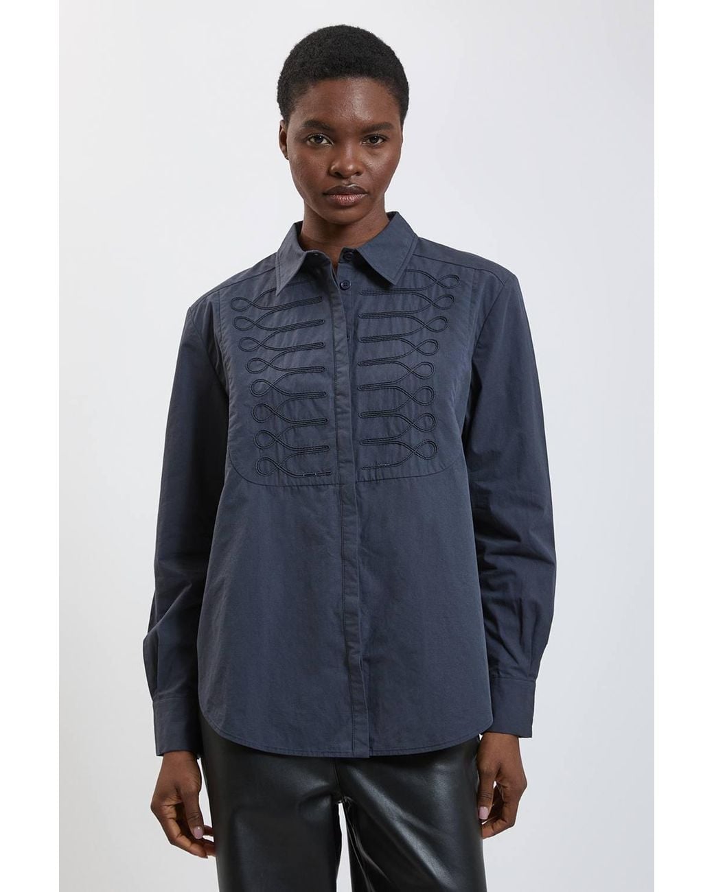 Karen Millen Blue Military Stitch Detail Cotton Poplin Shirt