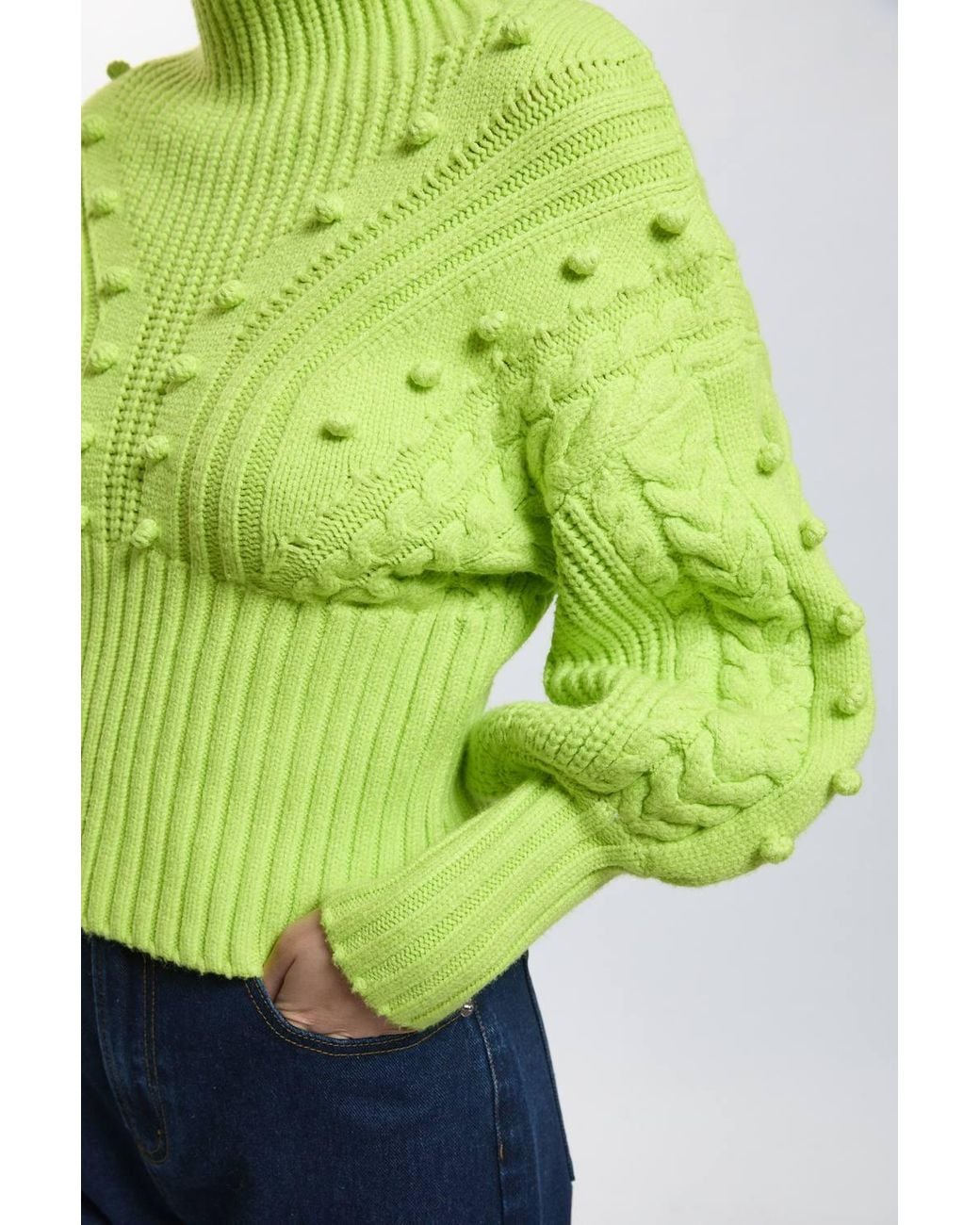 Karen Millen Green Petite Bobble Detail Balloon Sleeve Cable Knit Viscose Blend Jumper