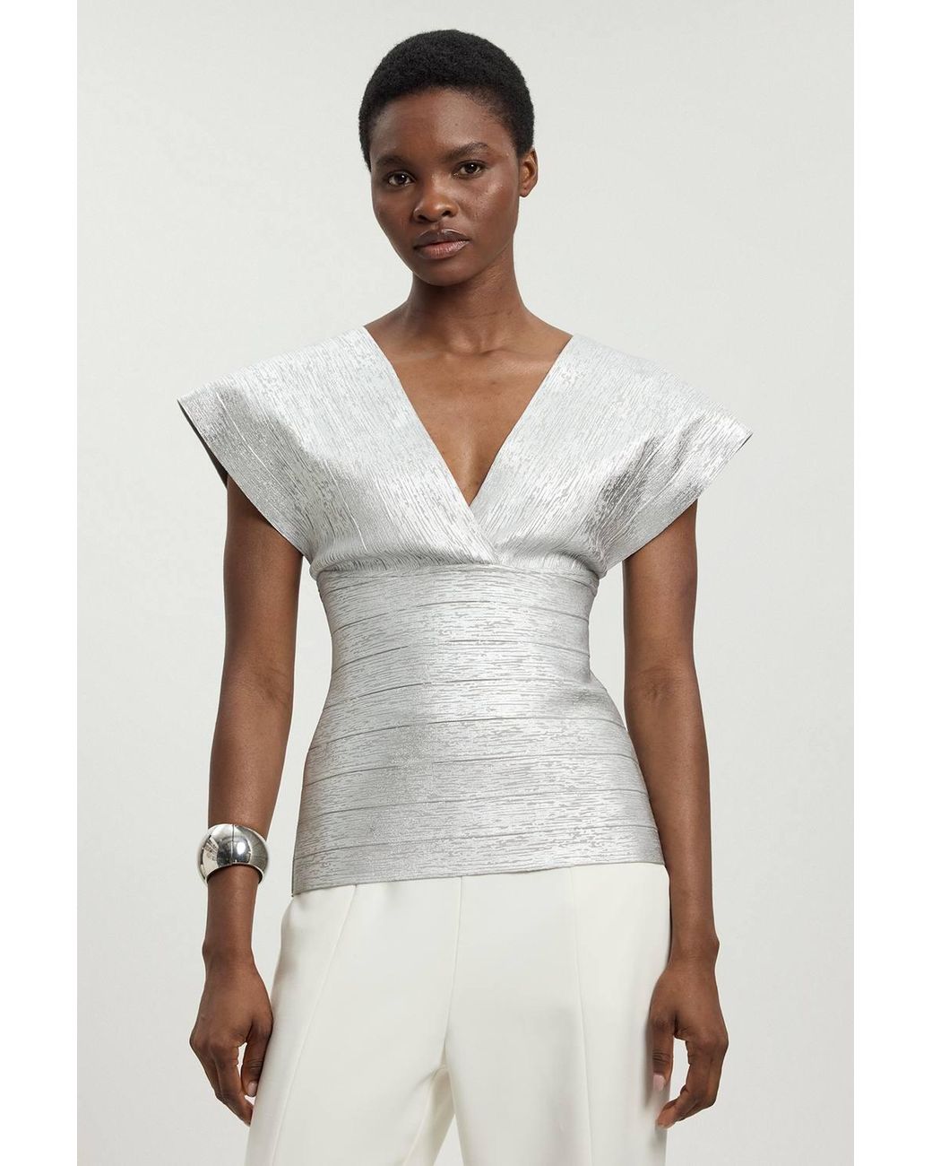 Karen Millen White Foil Metallic Figure Form Bandage Angel Sleeve Top