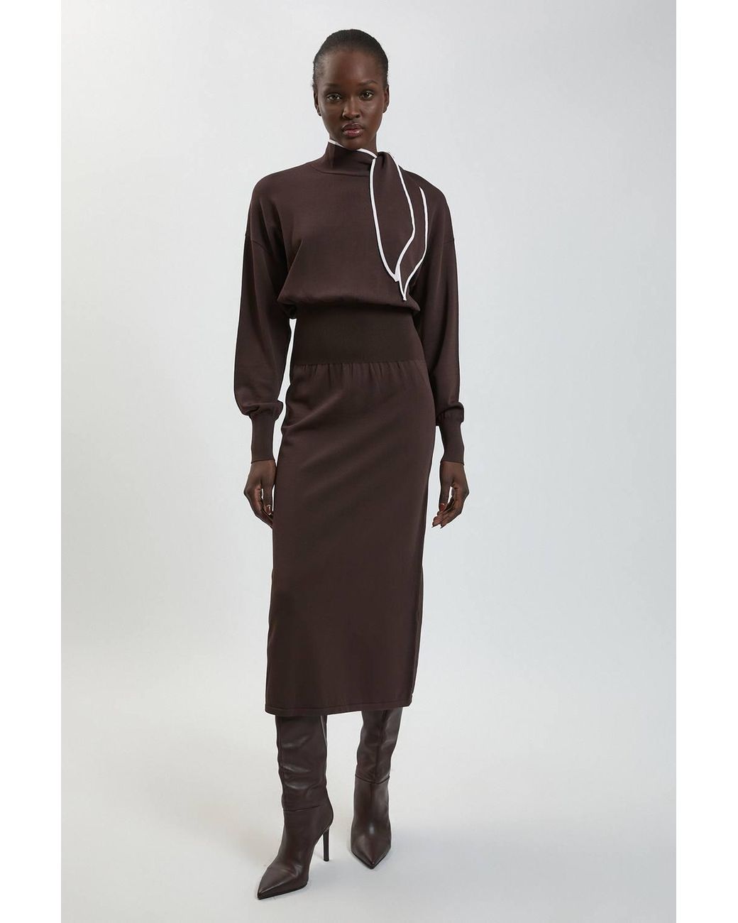 Karen Millen Brown Knitted Neck Tie Detail Midi Dress