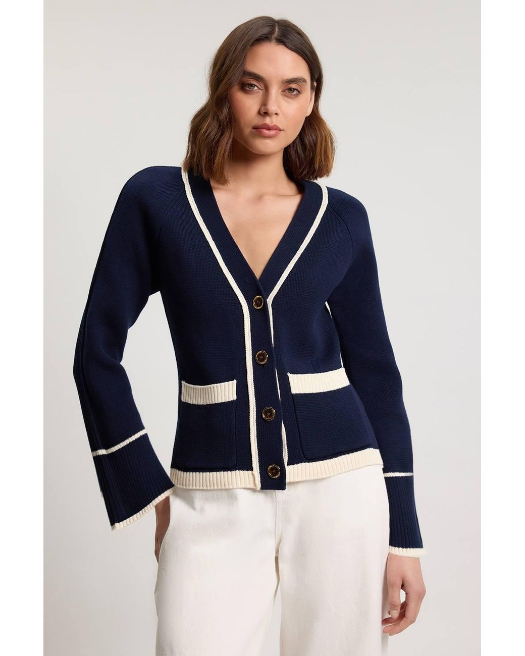 Karen Millen Blue Knit Cotton Contrast Tipped Cardigan Sweater