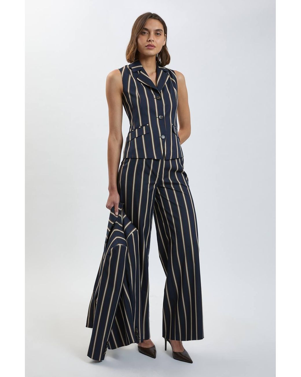 Karen Millen Blue Stripe Single Breasted Sleeveless Jacket