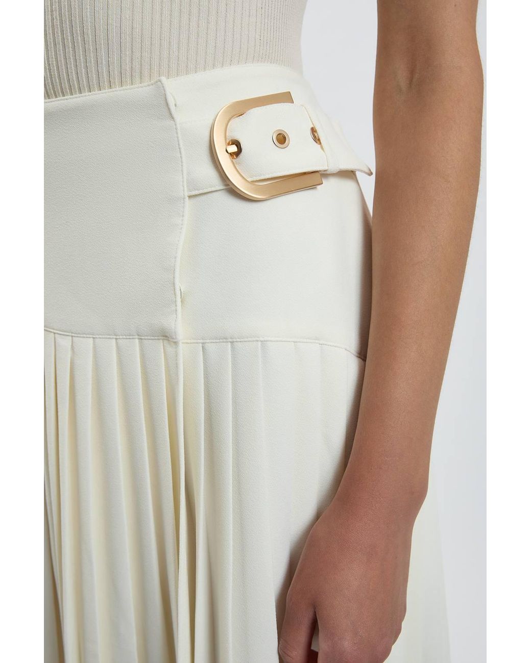 Karen Millen Natural Forever Tailored Crepe Pleated Wrap Buckle Detail Maxi Skirt