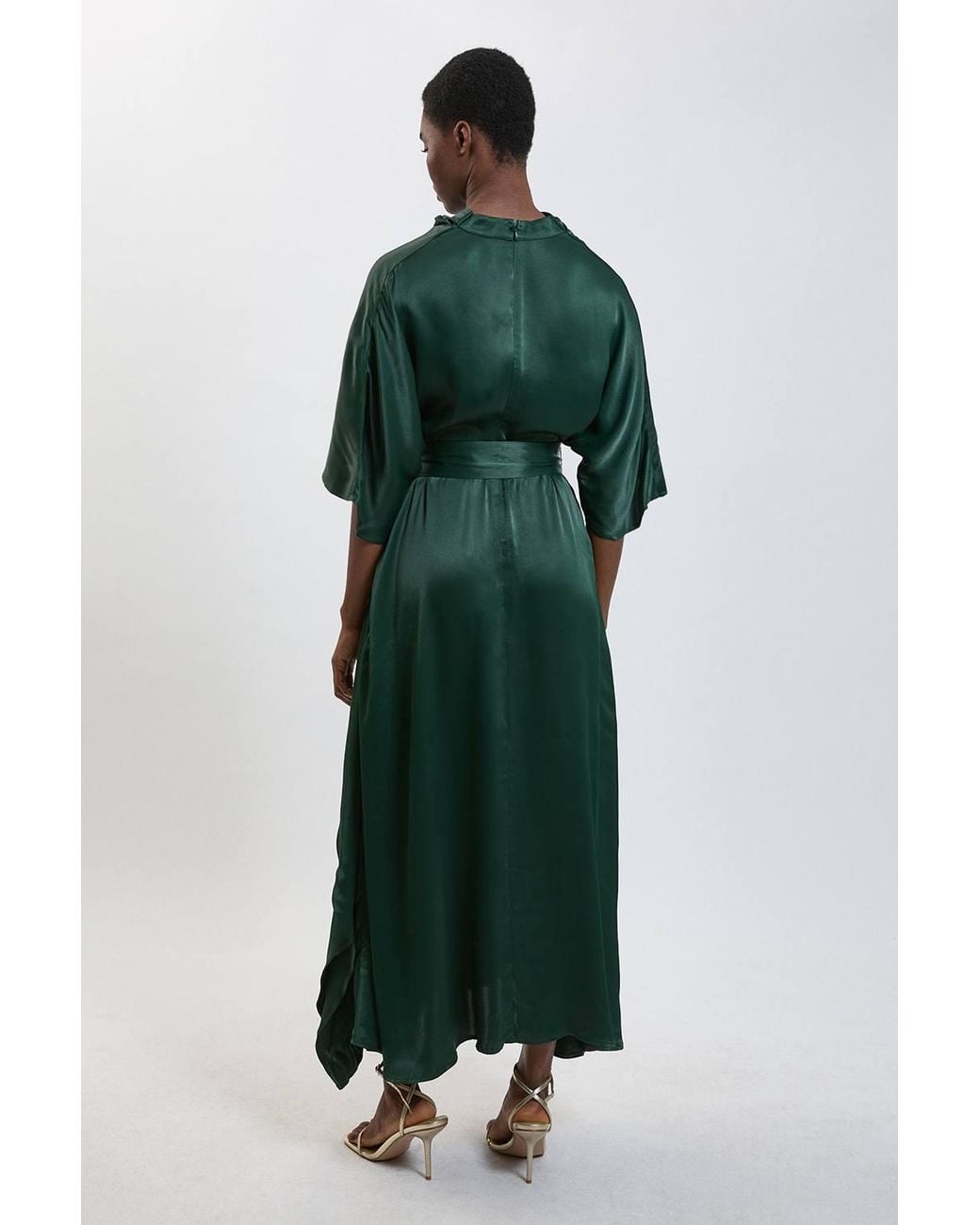 Karen Millen Green Viscose Satin Asymmetric Ruffle Midi Dress