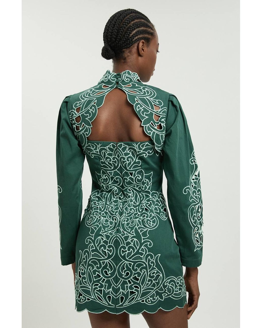 Karen Millen Green Cotton Cutwork Twill Woven Mini Dress