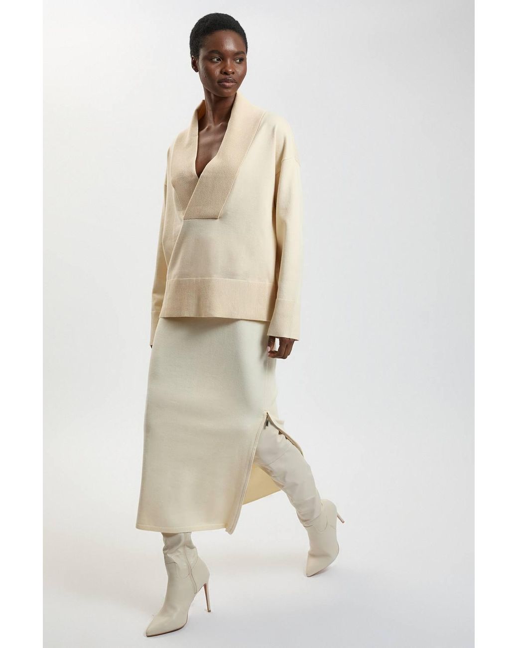 Karen Millen Natural Wool Look Side Split Detail Knit Midi Skirt