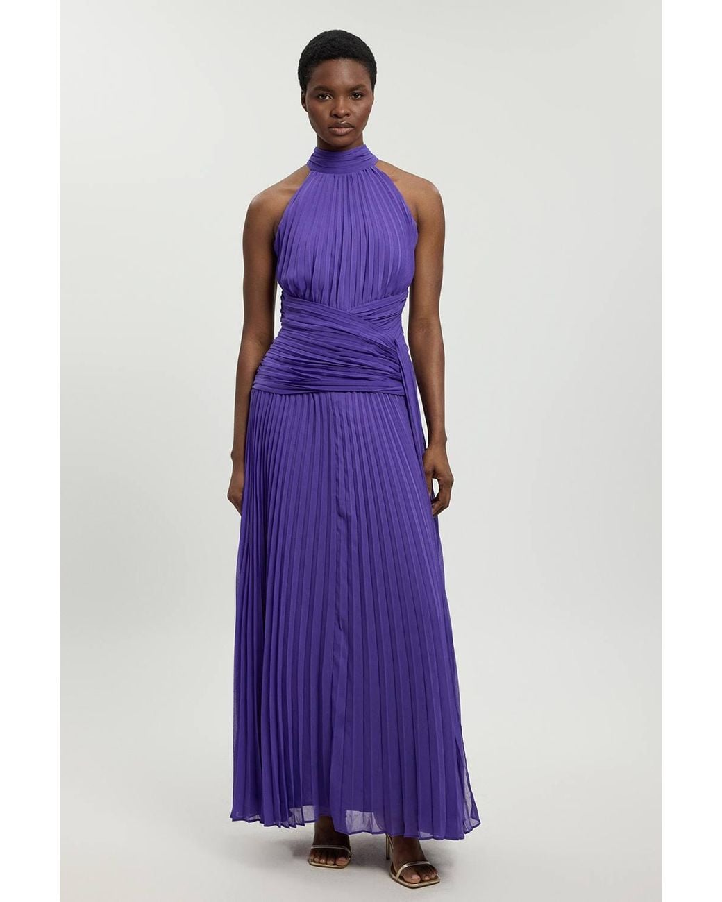 Karen Millen Purple Petite Pleated Twist Front Woven Halter Midi Dress
