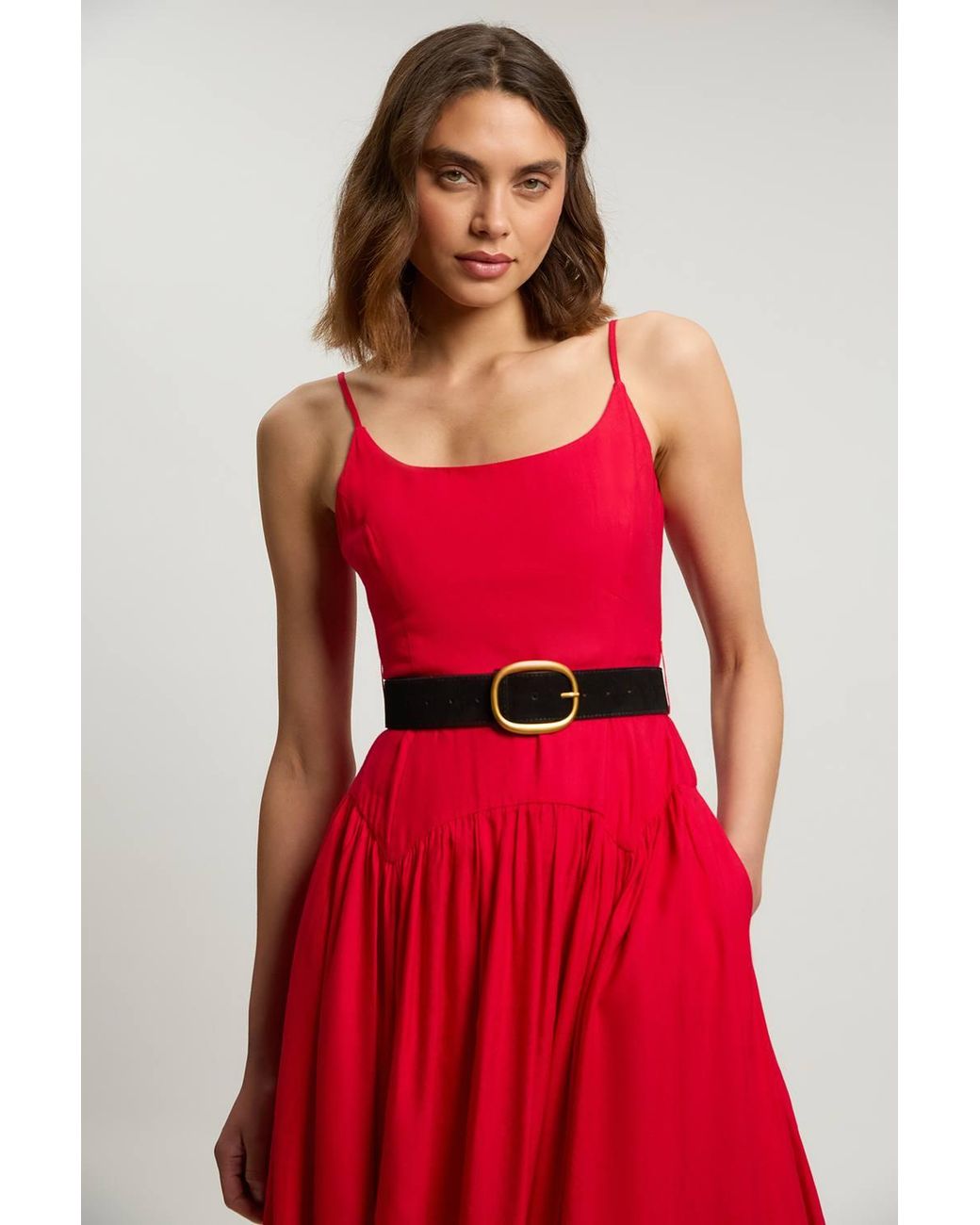 Karen Millen Red Petite Viscose Linen Belted Drop Waist Woven Midi Dress