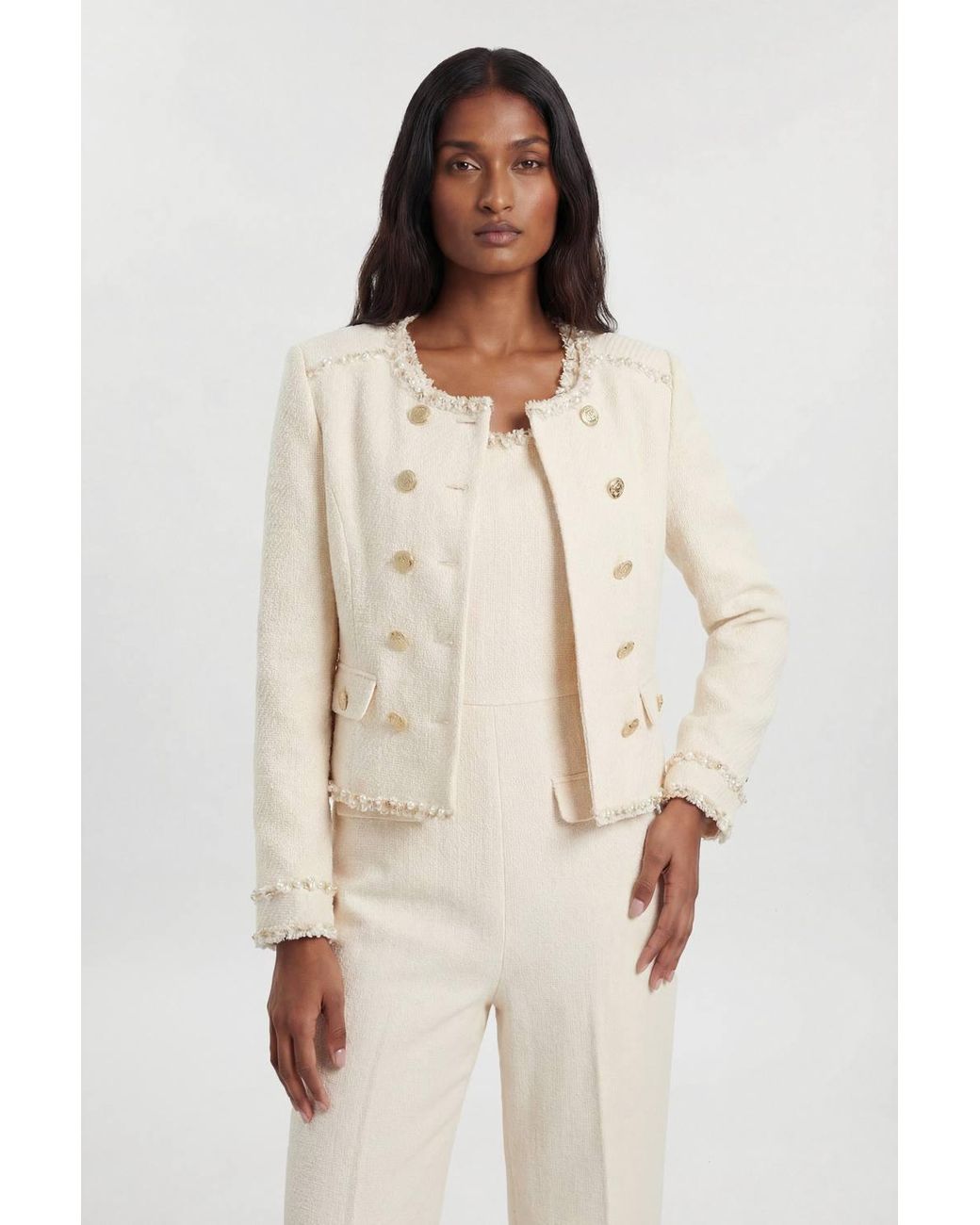 Karen Millen Natural Tweed Embellished Trim Tailored Jacket