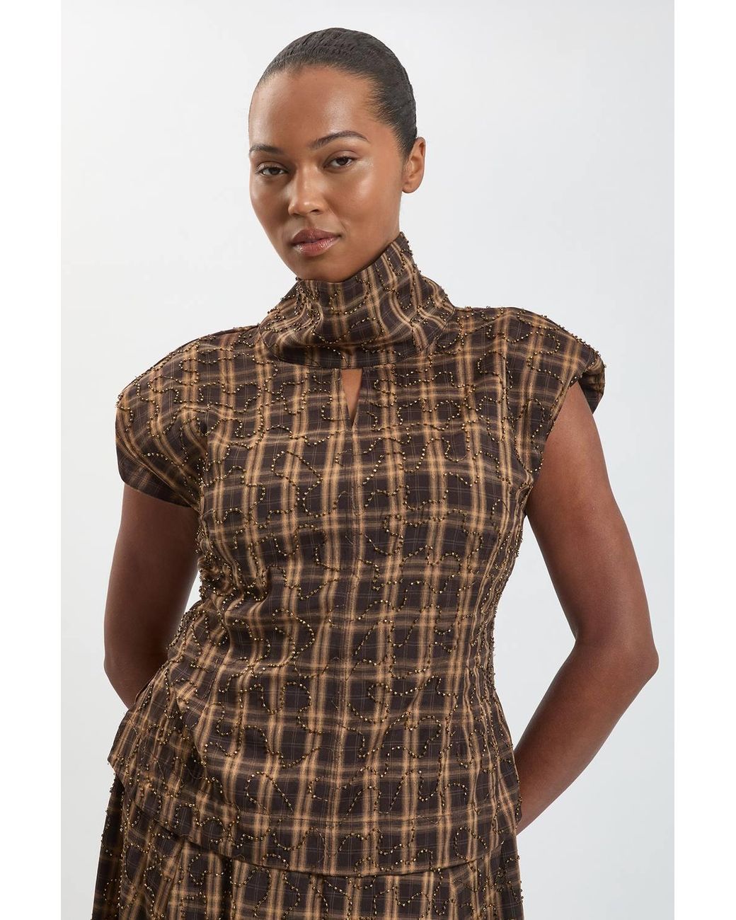 Karen Millen Brown Plus Size Beaded Check Print High Neck Top