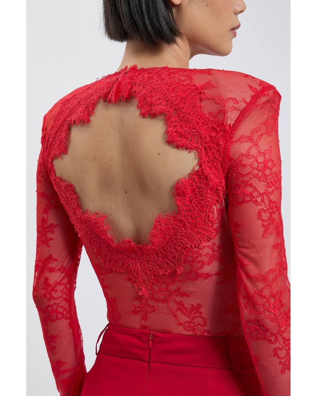 Karen Millen Red Petite Lace Long Sleeve Bodysuit