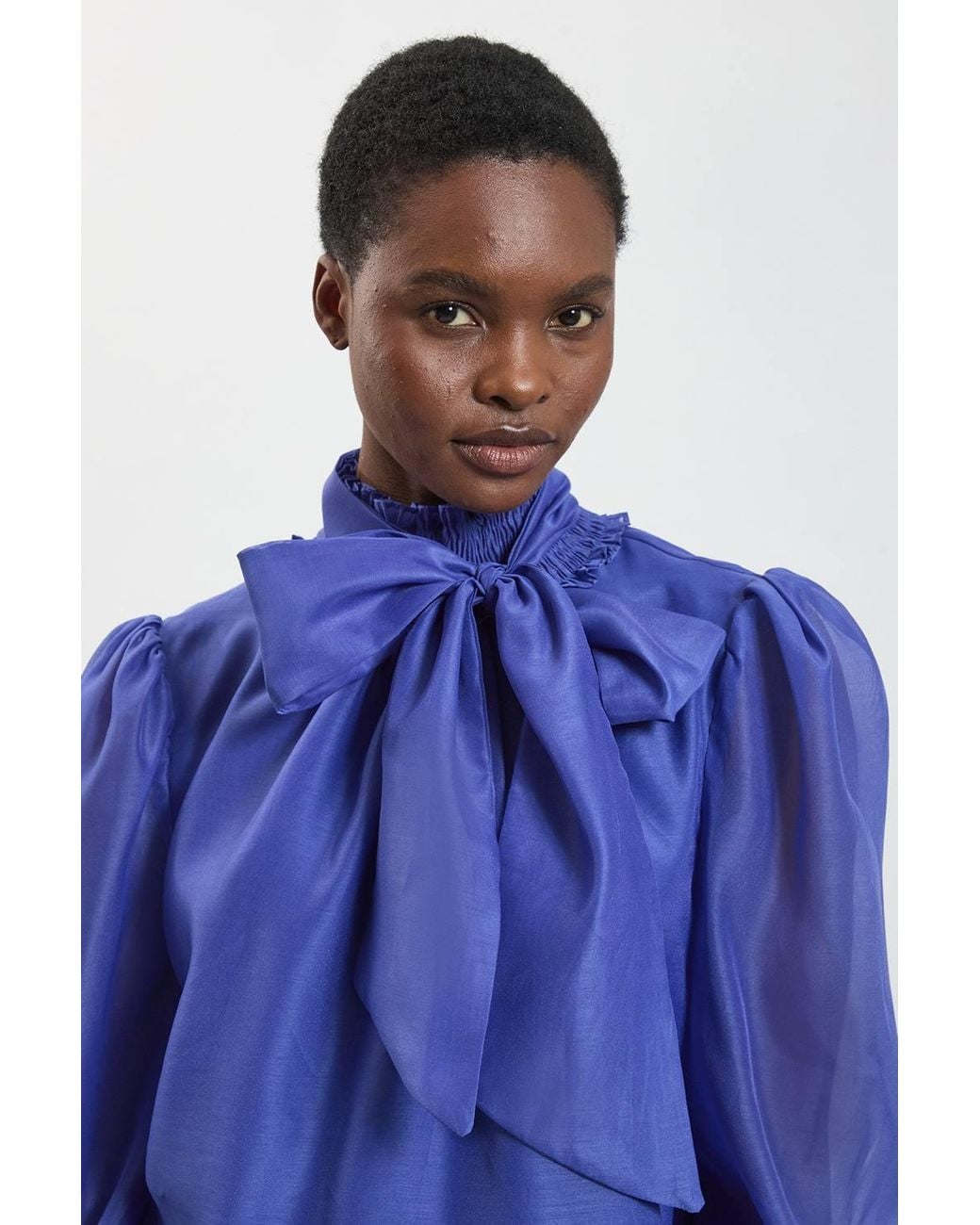 Karen Millen Blue High Neck Ruched Detail Blouse