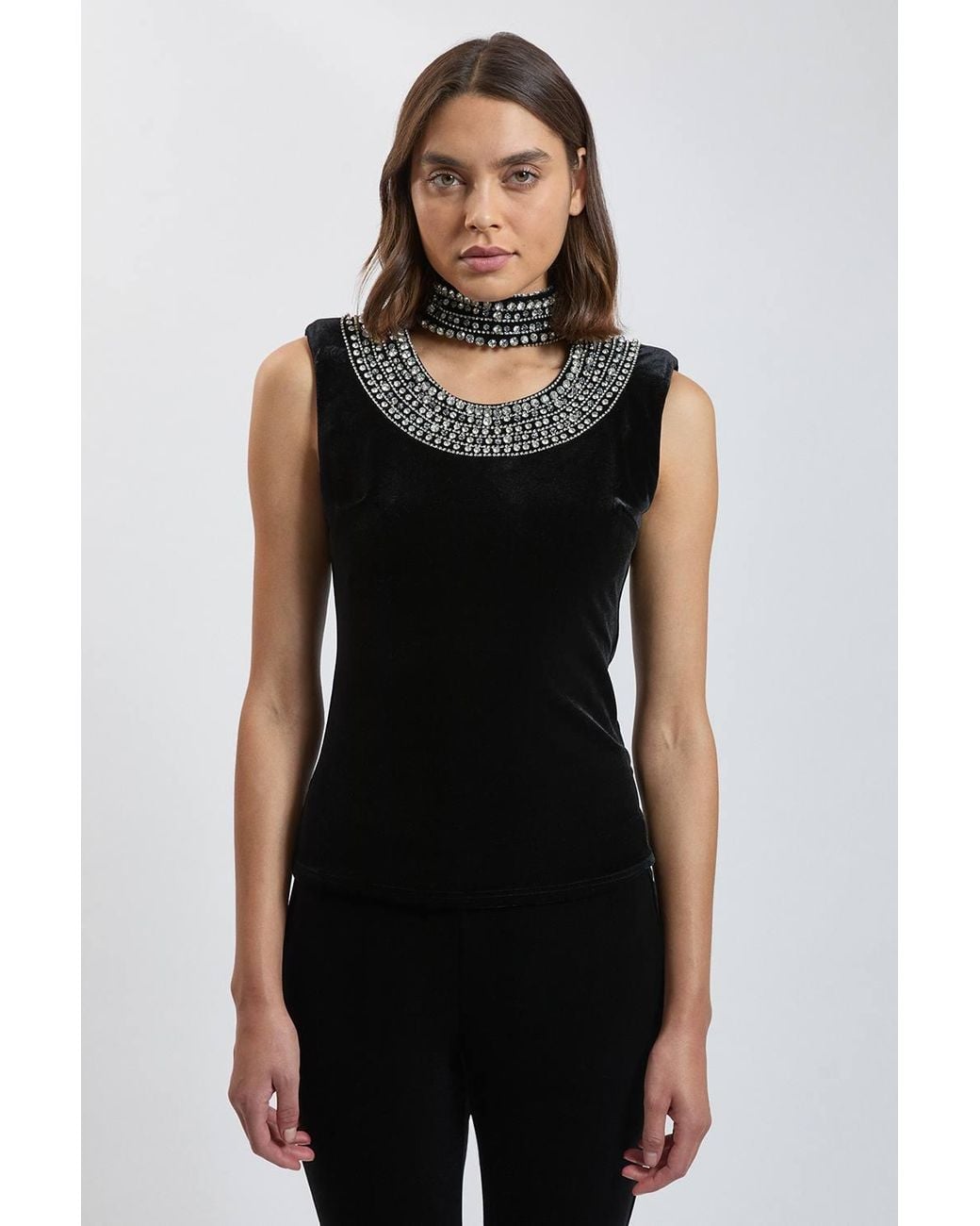 Karen Millen Black Crystal Trim Velvet Top