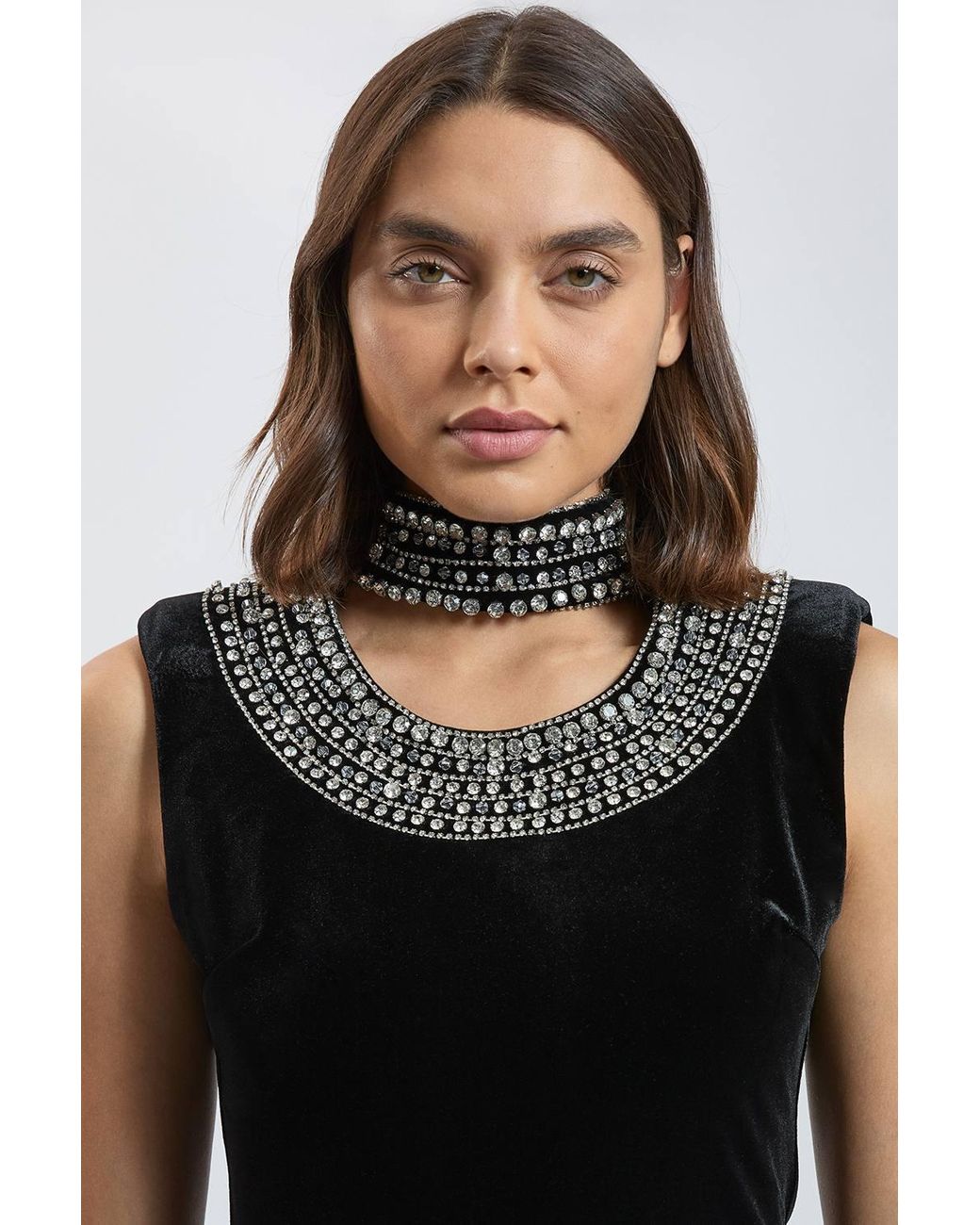 Karen Millen Black Crystal Trim Velvet Top