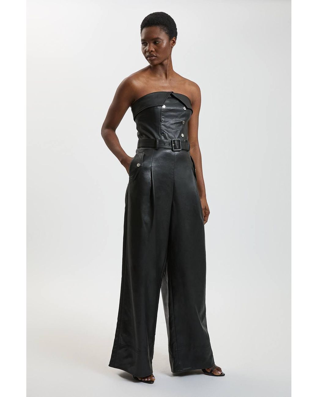 Karen Millen Blue Faux Leather Trench Bandeau Jumpsuit