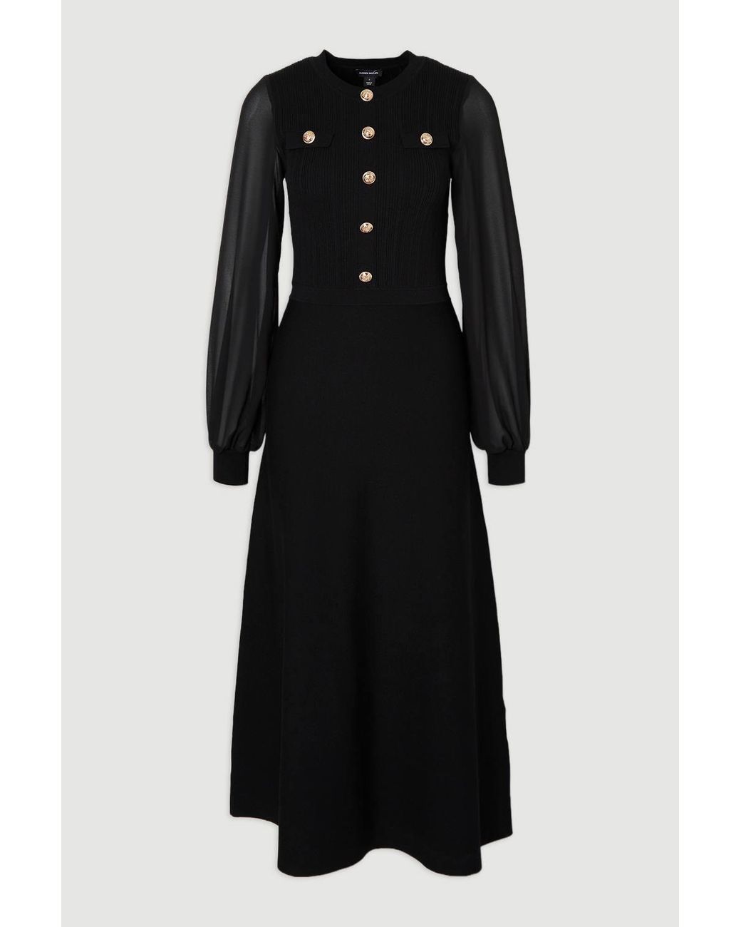Karen Millen Black Viscose Blend Maxi Knit Dress With Chiffon Sleeve Military Trim