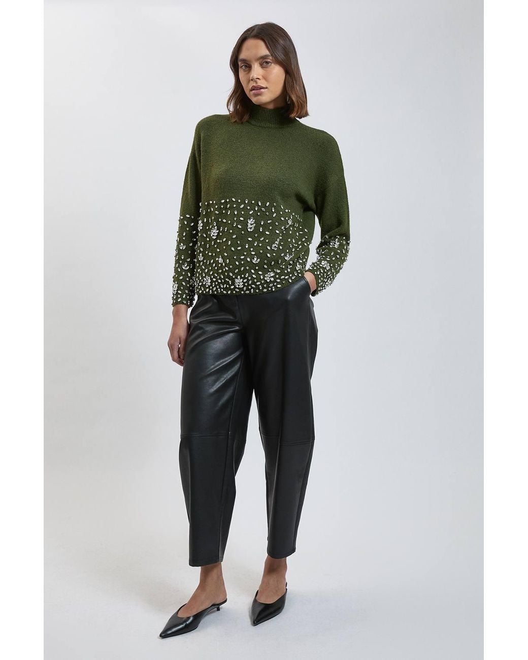 Karen Millen Green Wool Blend Embellished Cosy Knitted High Neck Jumper