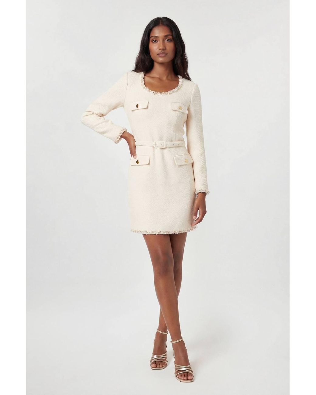 Karen Millen Natural Tweed Embellished Trim Tailored Belted Mini Dress