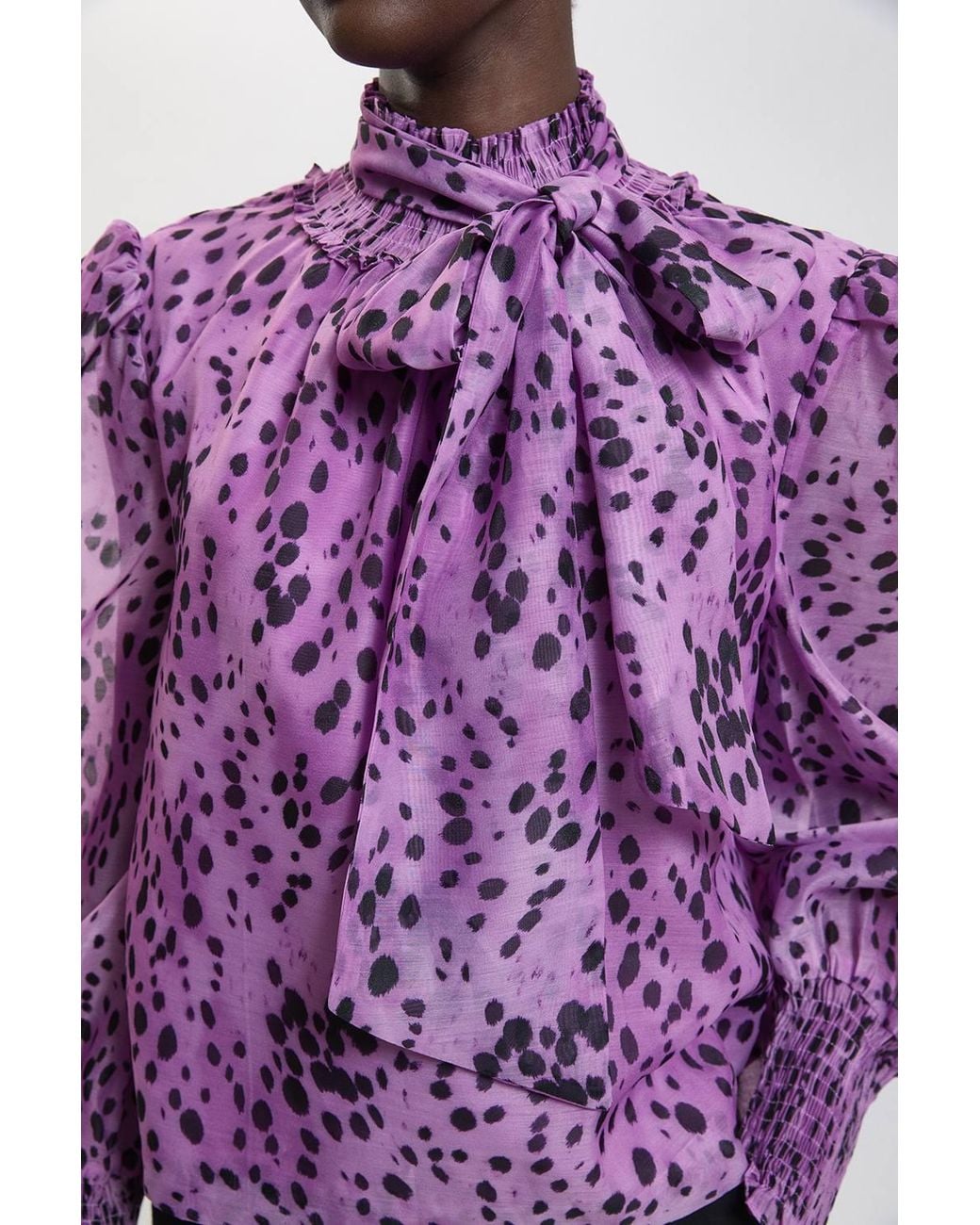Karen Millen Purple Spot Animal Print High Neck Ruched Detail Blouse