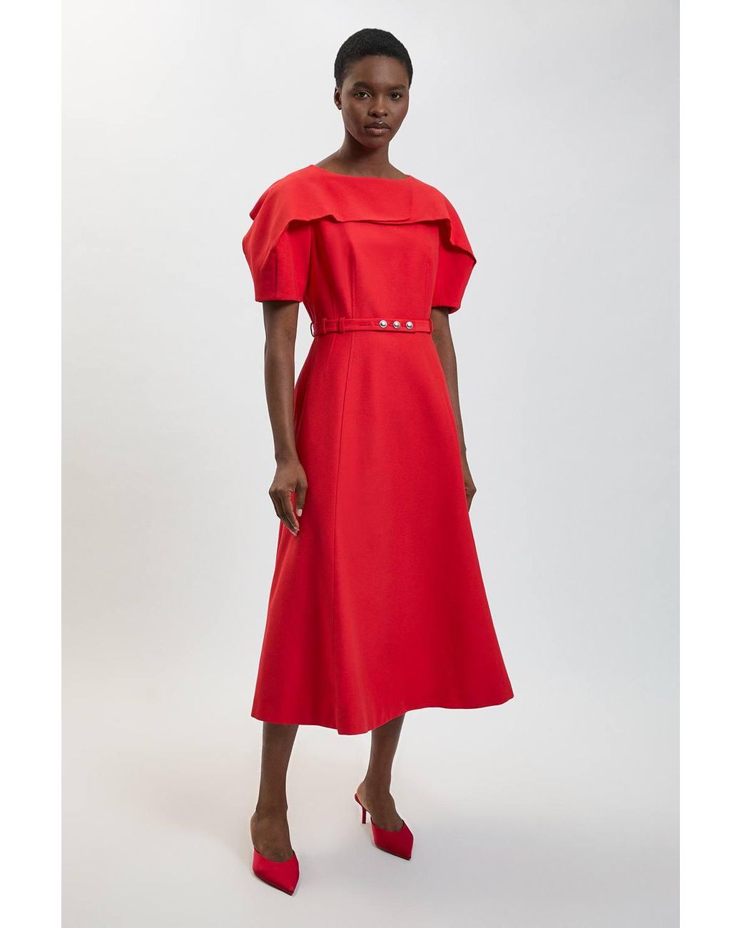 Karen Millen Red Polished Compact Rounded Full Skirted Midi Dress