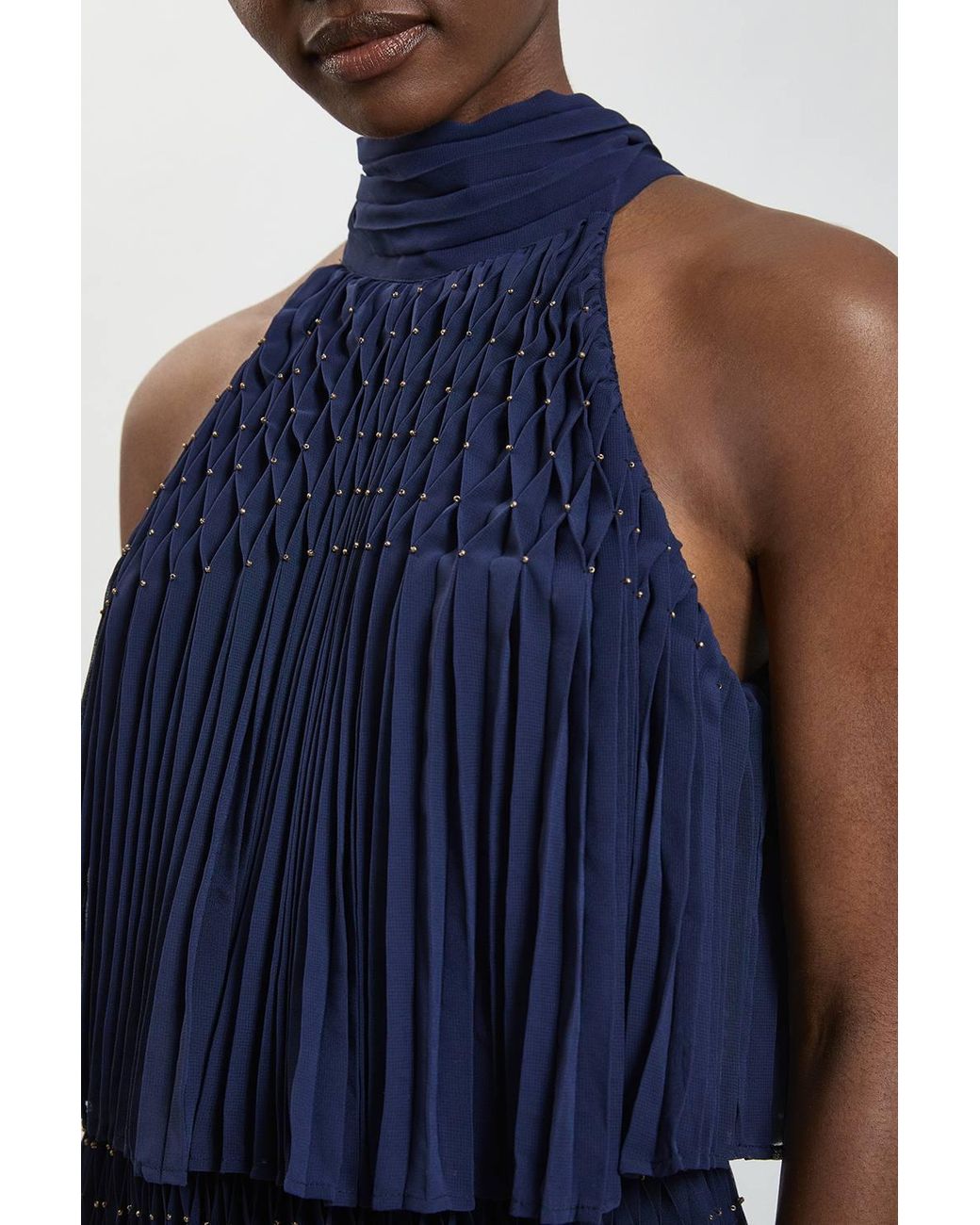 Karen Millen Blue Pleated Bead Detail Halterneck Maxi Dress