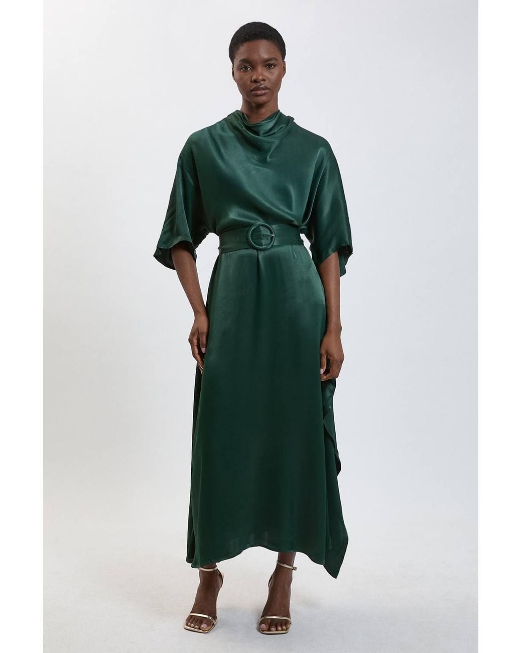 Karen Millen Green Viscose Satin Asymmetric Ruffle Midi Dress