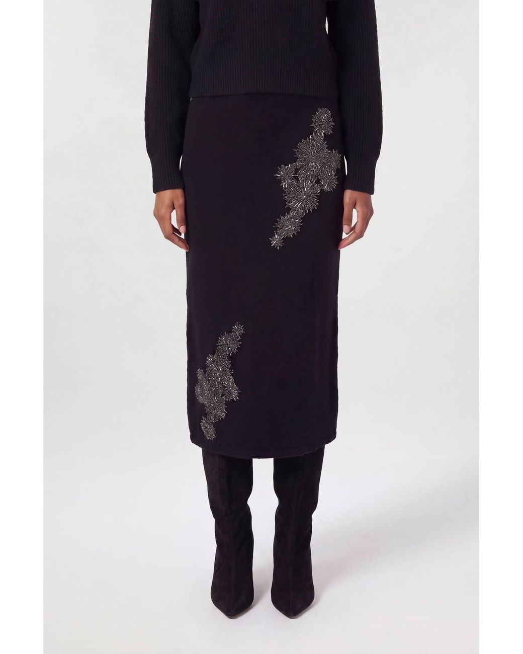 Karen Millen Blue Wool Blend Embellished Cosy Pencil Midi Skirt
