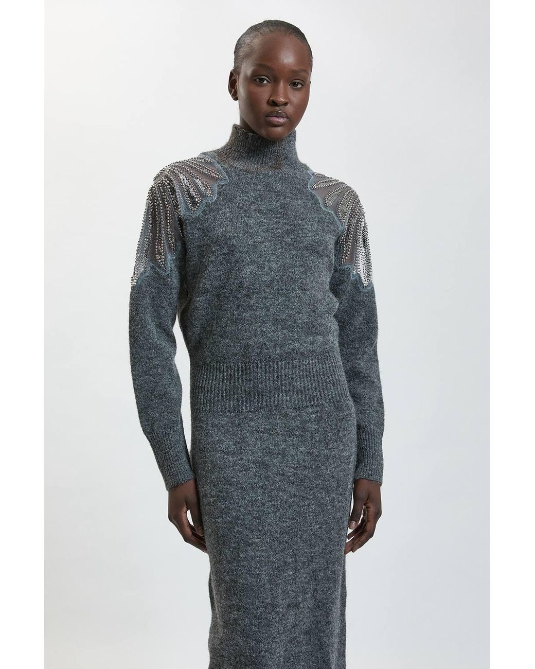 Karen Millen Blue Embellished Cosy Knitted Midi Dress