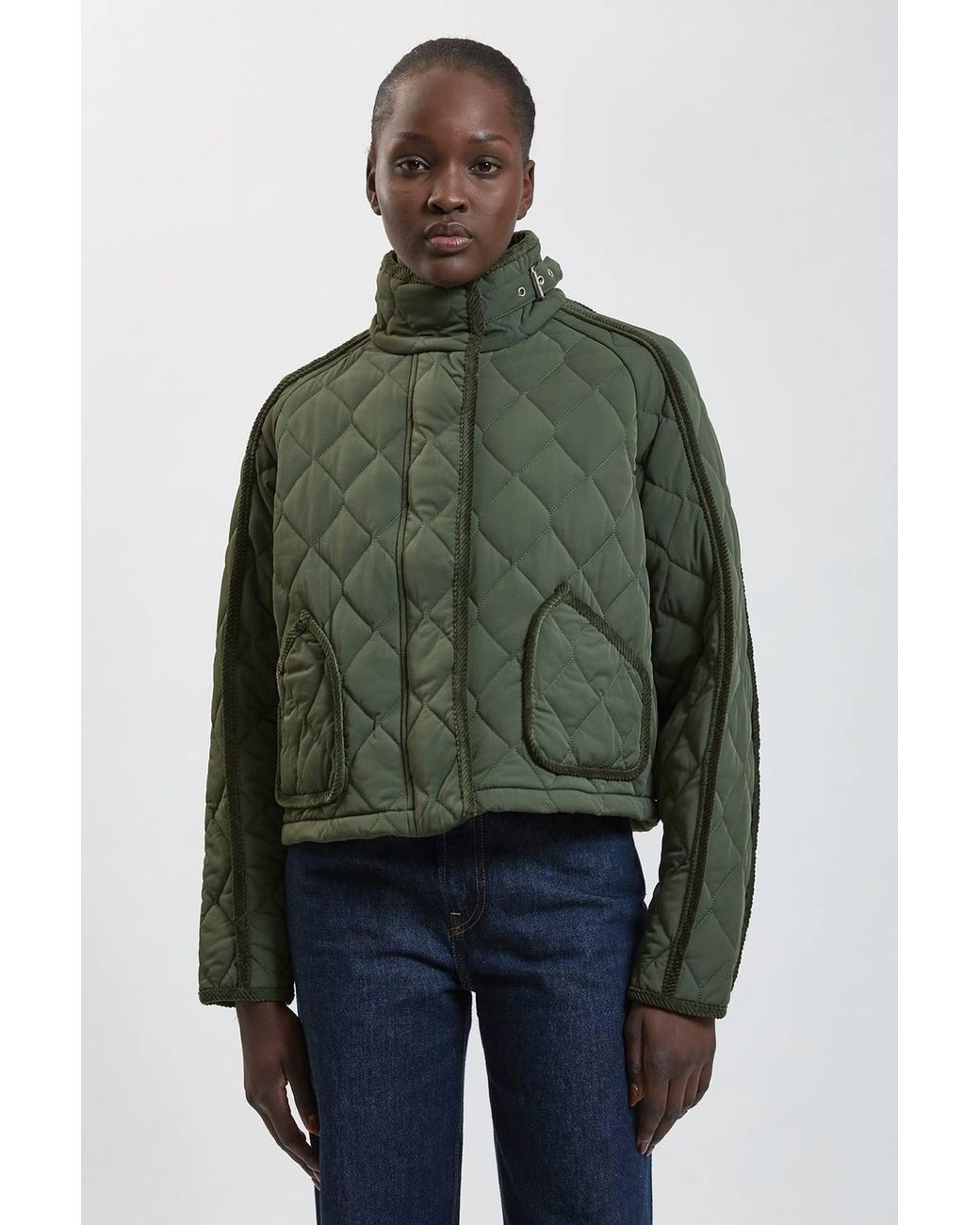 Karen Millen Green Quilted Tipped Detail Short Coat