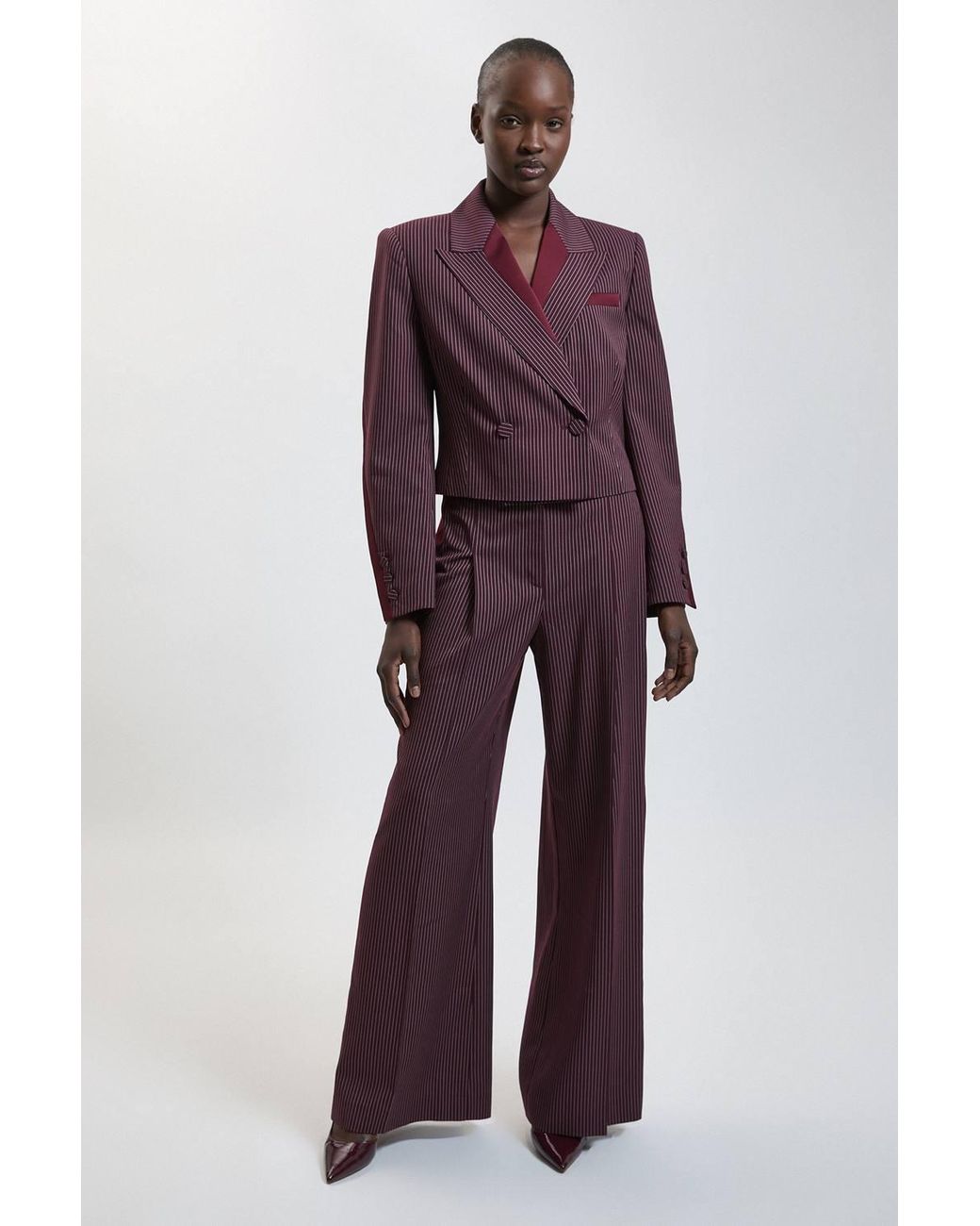 Karen Millen Pinstripe Satin Mix Tailored Wide Leg Trouser