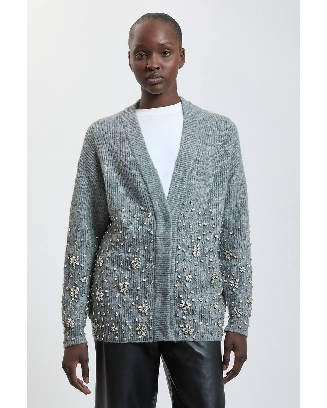Karen Millen Gray Wool Blend Embellished Cosy Knitted Cardigan Sweater