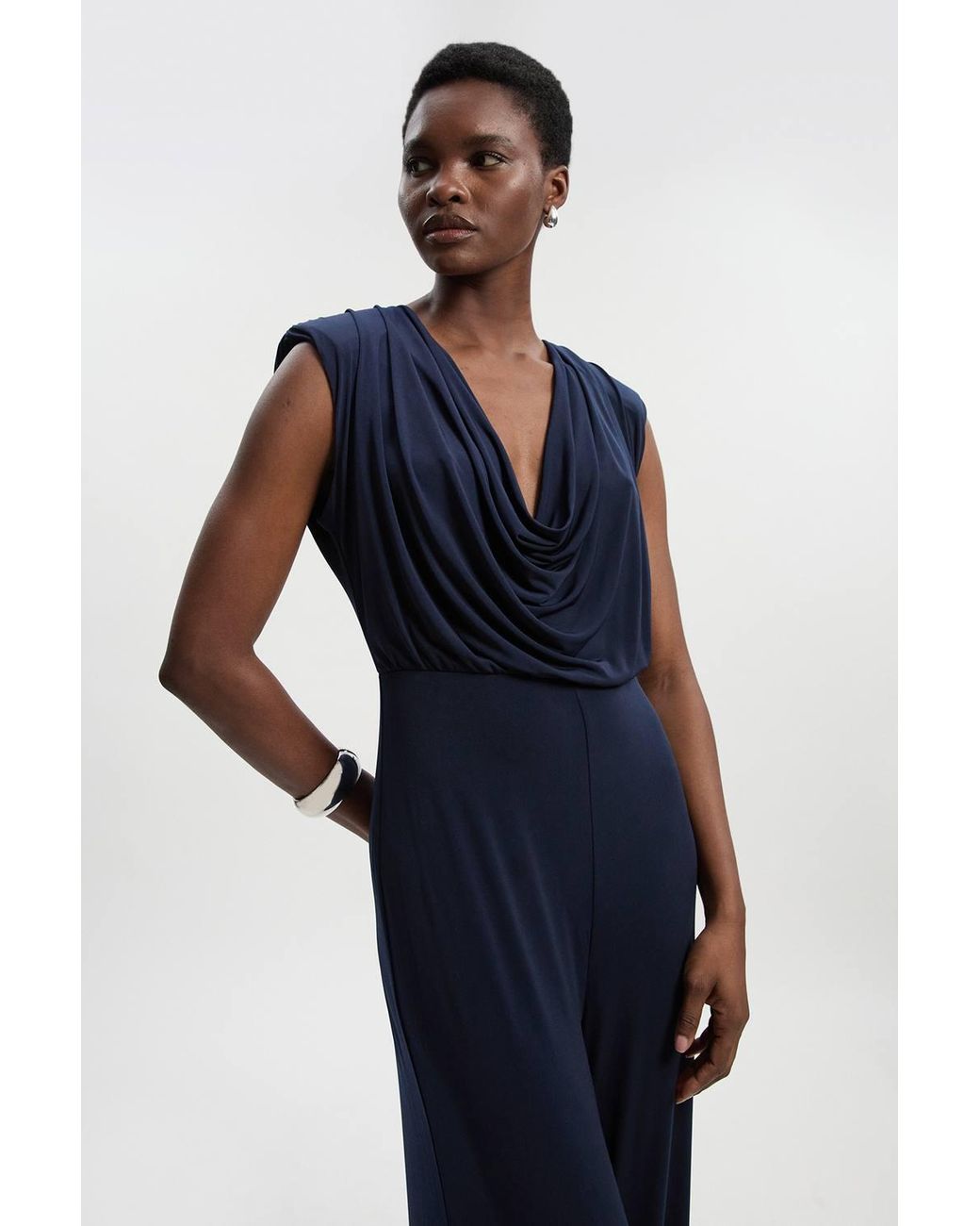 Karen Millen Blue Jersey Crepe Cowl Neck Wide Leg Jumpsuit