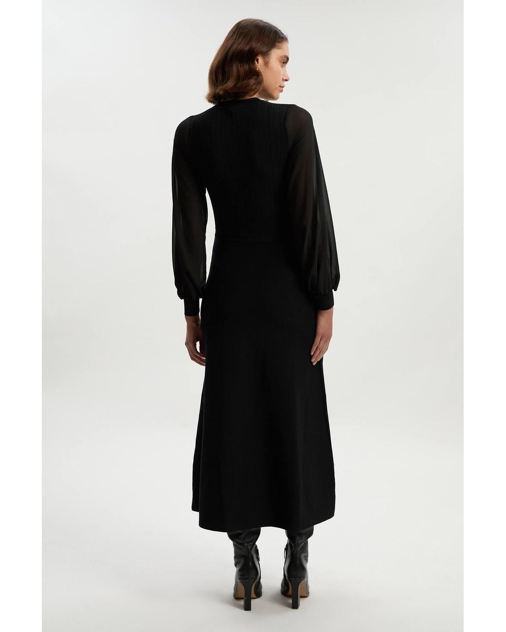 Karen Millen Black Viscose Blend Maxi Knit Dress With Chiffon Sleeve Military Trim