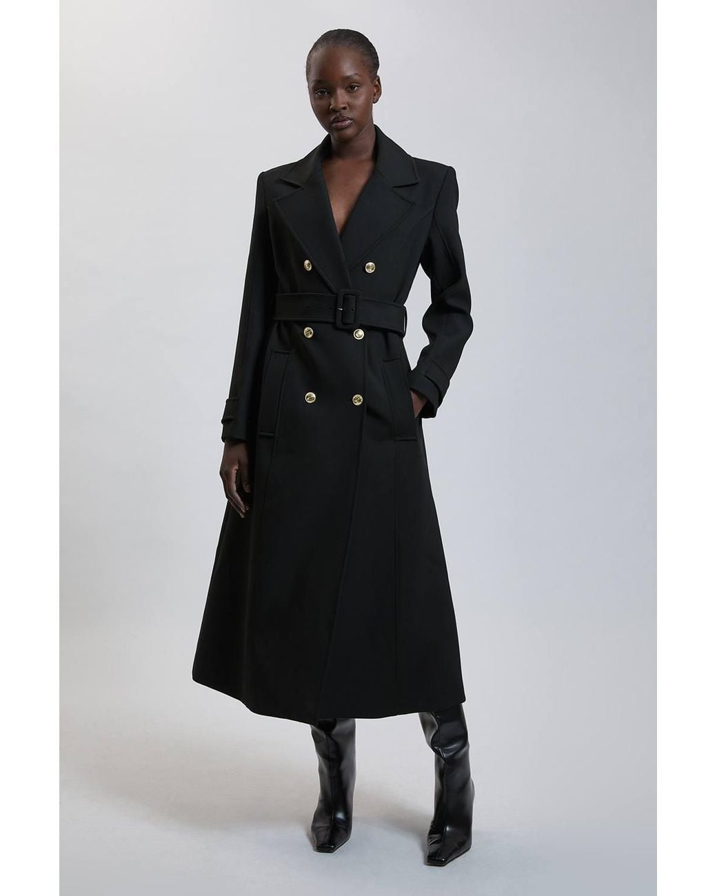 Karen Millen Black Tailored Compact Stretch Belted Maxi Coat