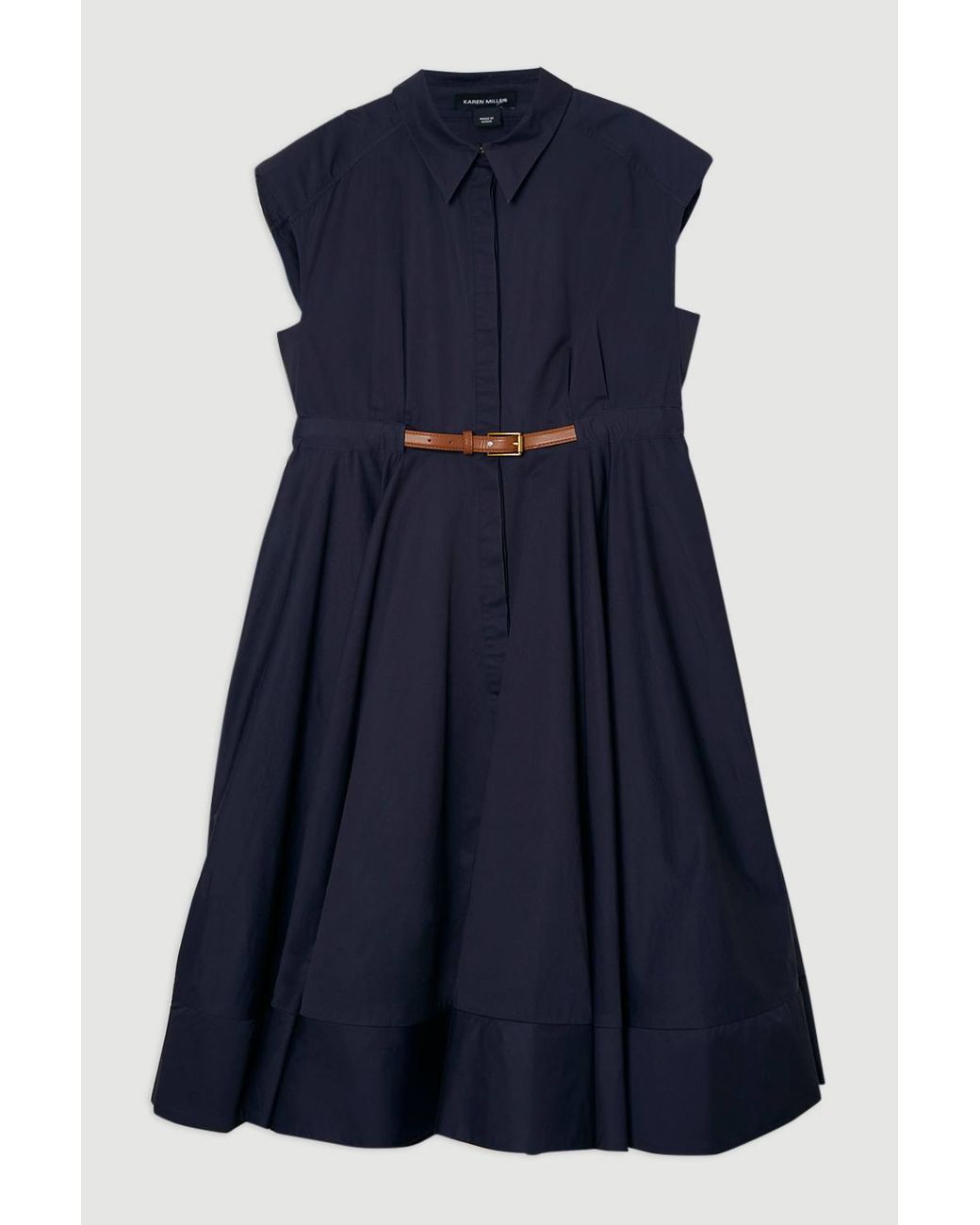 Karen Millen Blue Tailored Cotton Belted Collared Full Midi Dress
