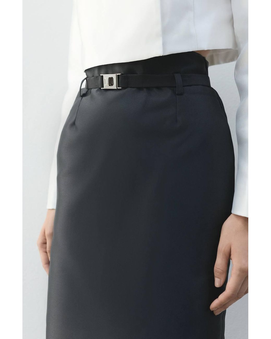 Karen Millen Black Forever Satin Twill Belted Tailored Midi Skirt