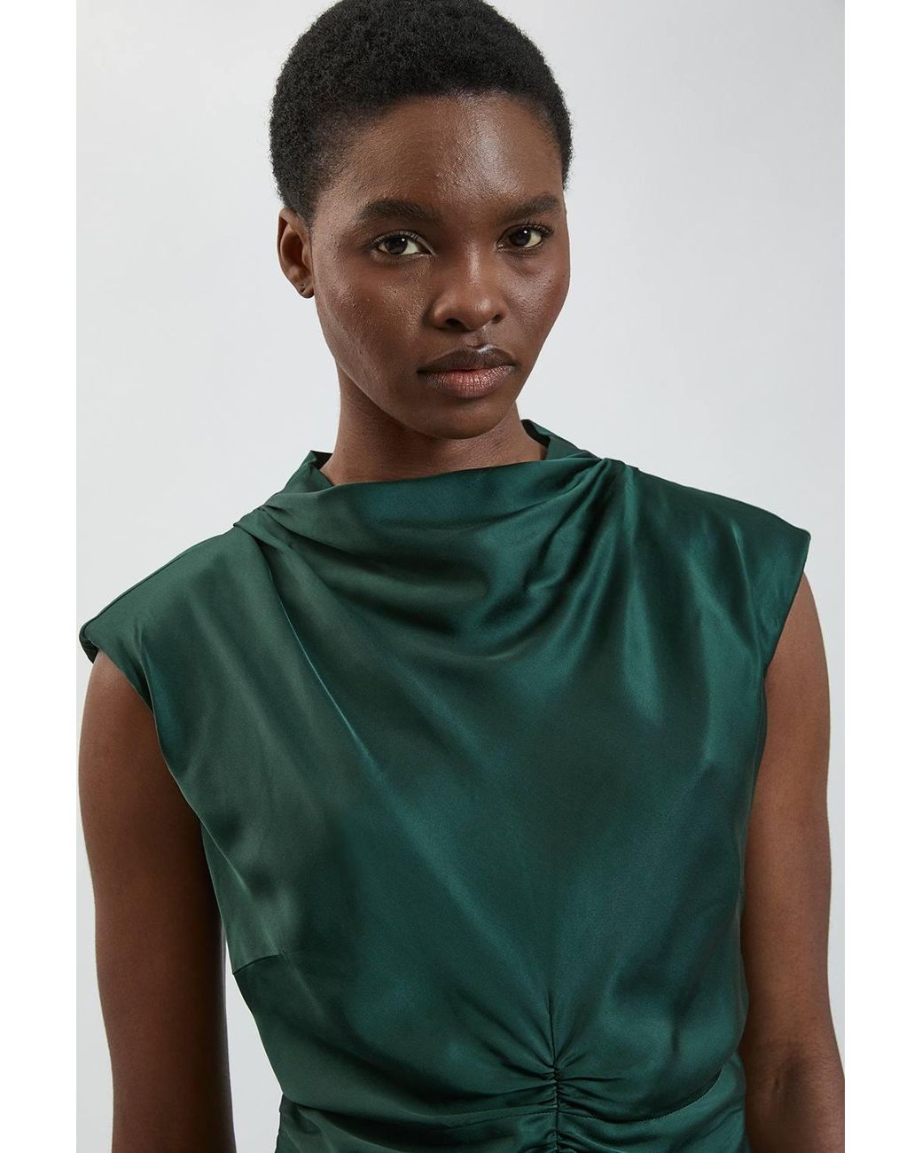 Karen Millen Green Viscose Satin Ruched Cowl Neck Midi Dress