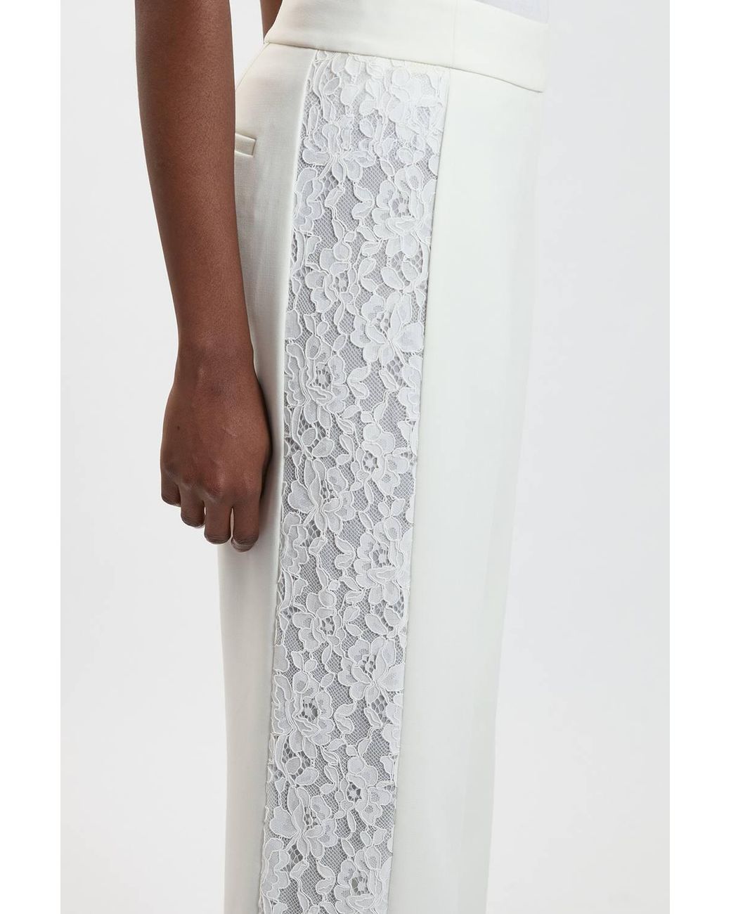 Karen Millen White Compact Stretch Lace Mix Tailored Wide Leg Trouser