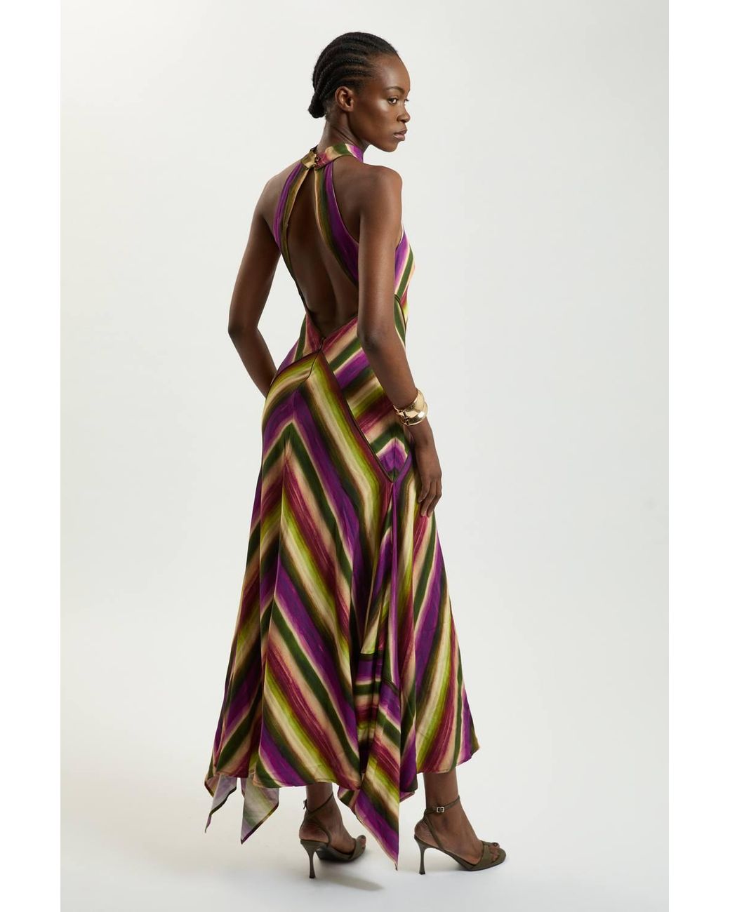 Karen Millen Purple Multi Fluid Stripe Cotton Mix Woven Halter Dress