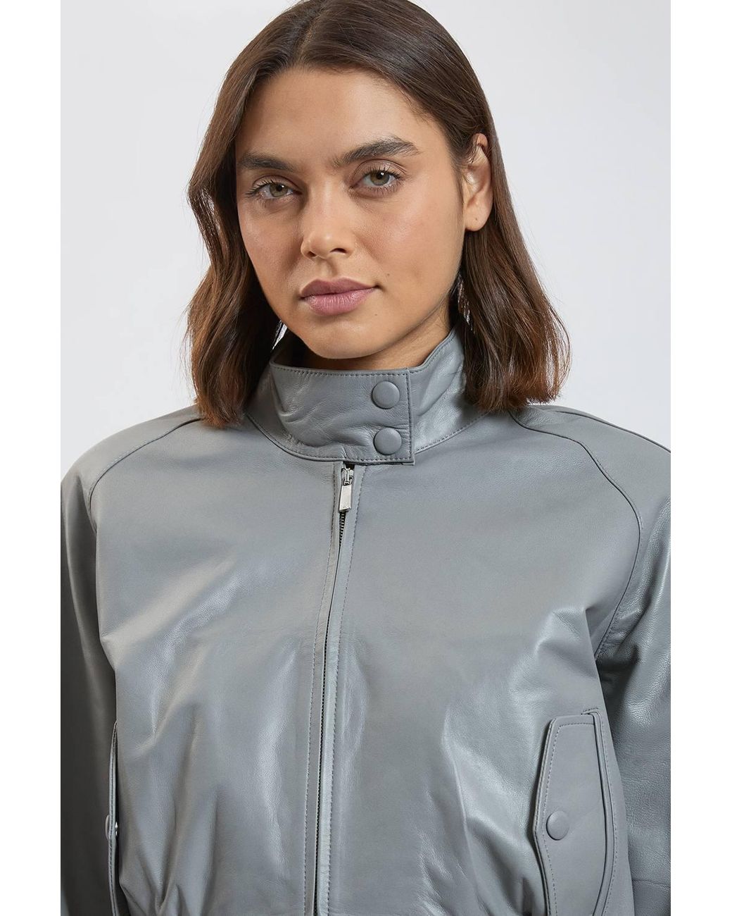 Karen Millen Gray Leather Bomber Jacket