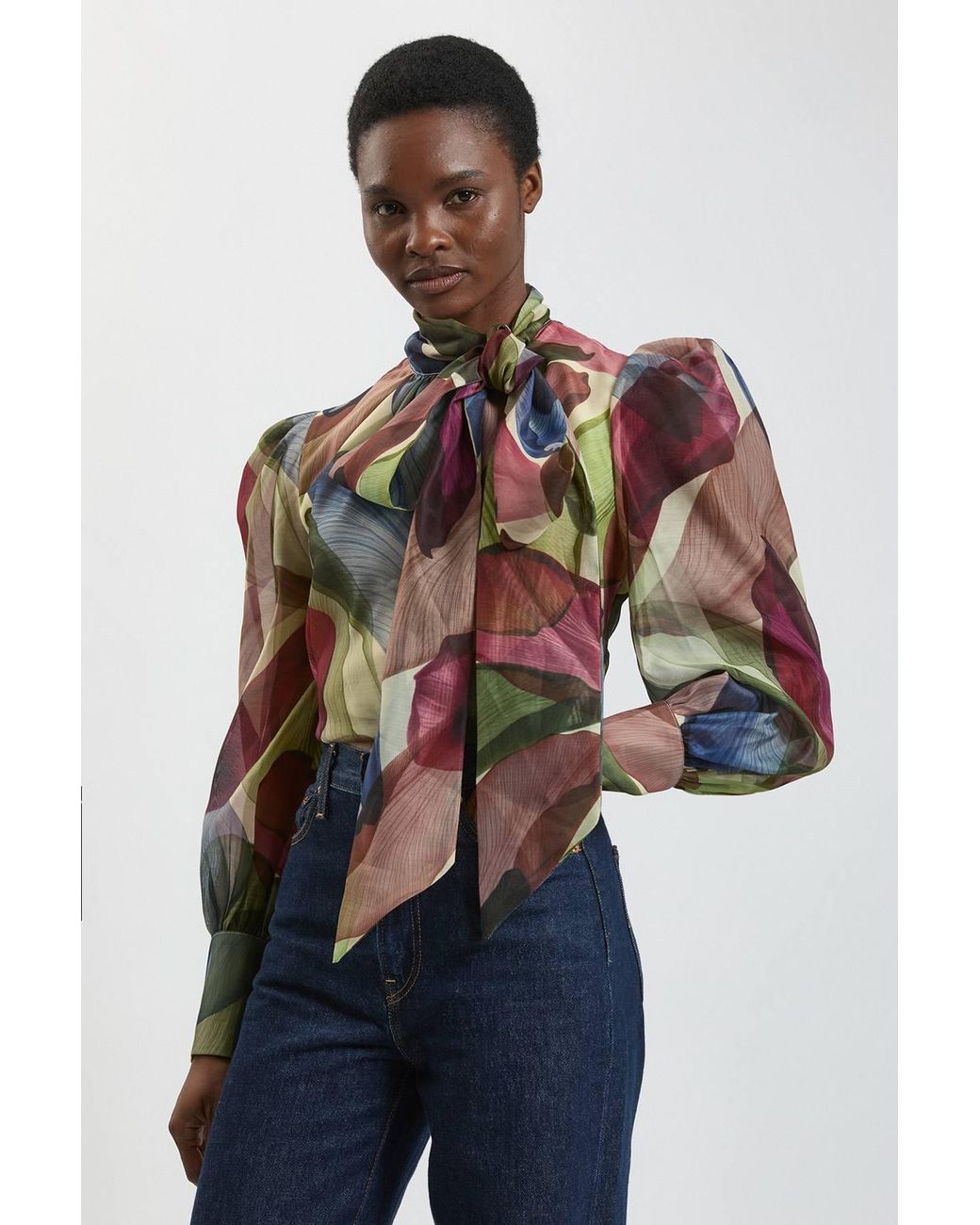 Karen Millen Blue Petal Print Organza Pussybow Blouse