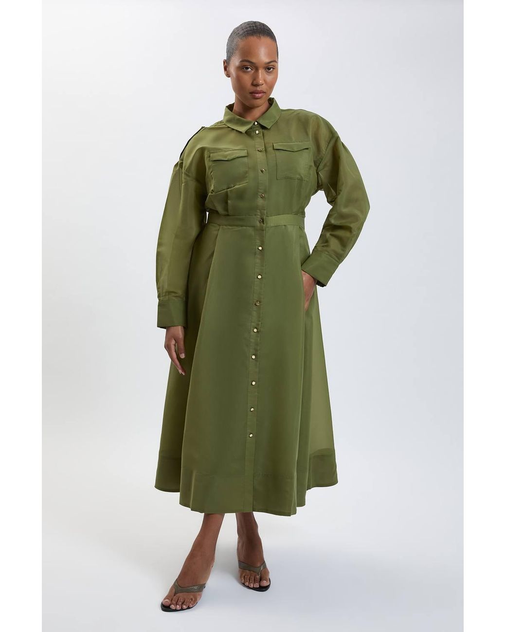 Karen Millen Green Plus Size Trim Detail Organdie Midi Shirt Dress