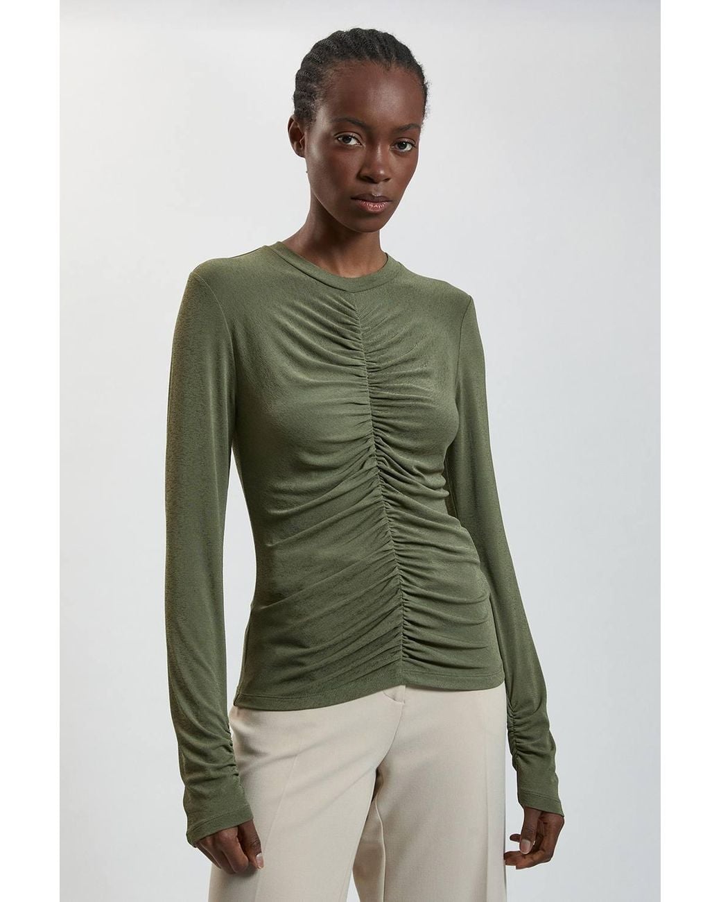 Karen Millen Green Crepe Jersey Ruche Front Top