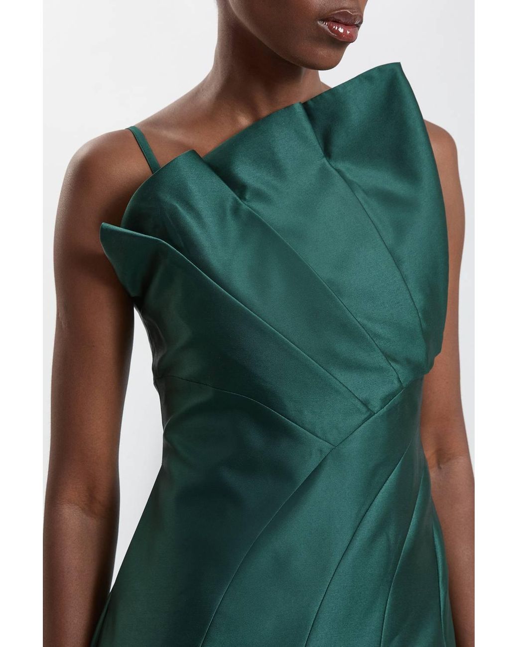 Karen Millen Green Structured Satin Asymmetric Full Maxi Dress