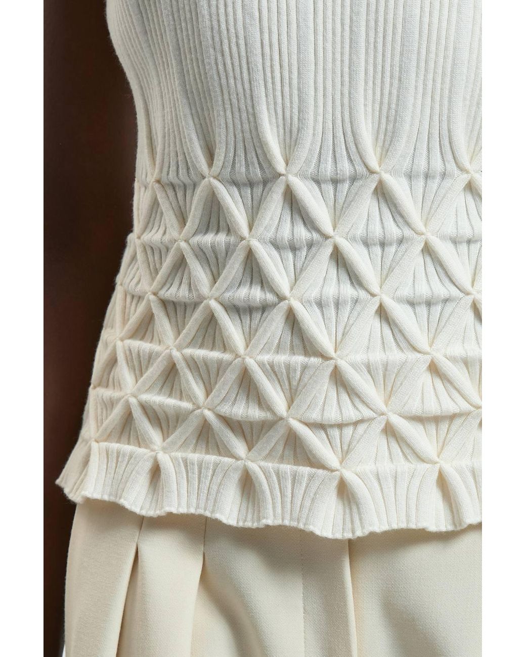 Karen Millen Natural Ribbed Knit Power Shoulder Top With Manipulated Stitch Detail