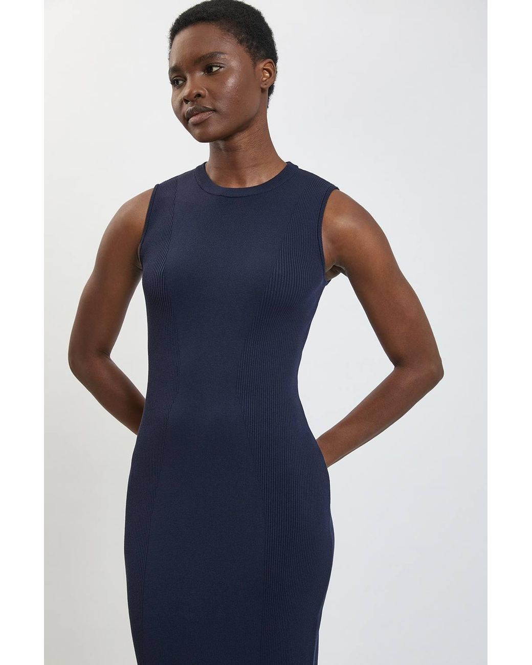 Karen Millen Blue Rib Knitted Crew Neck Midi Dress